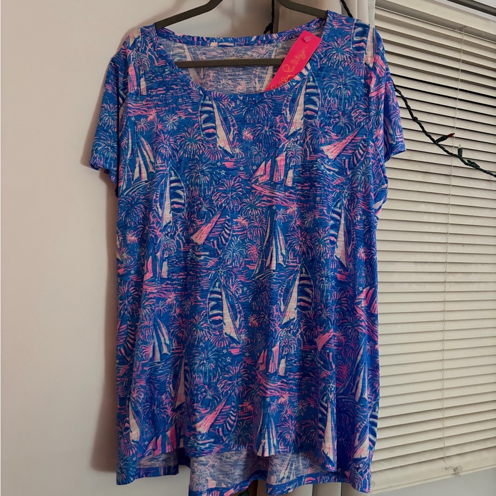 Lilly Pulitzer Blue and Pink Sailboat Fireworks Short Sleeve Shirt